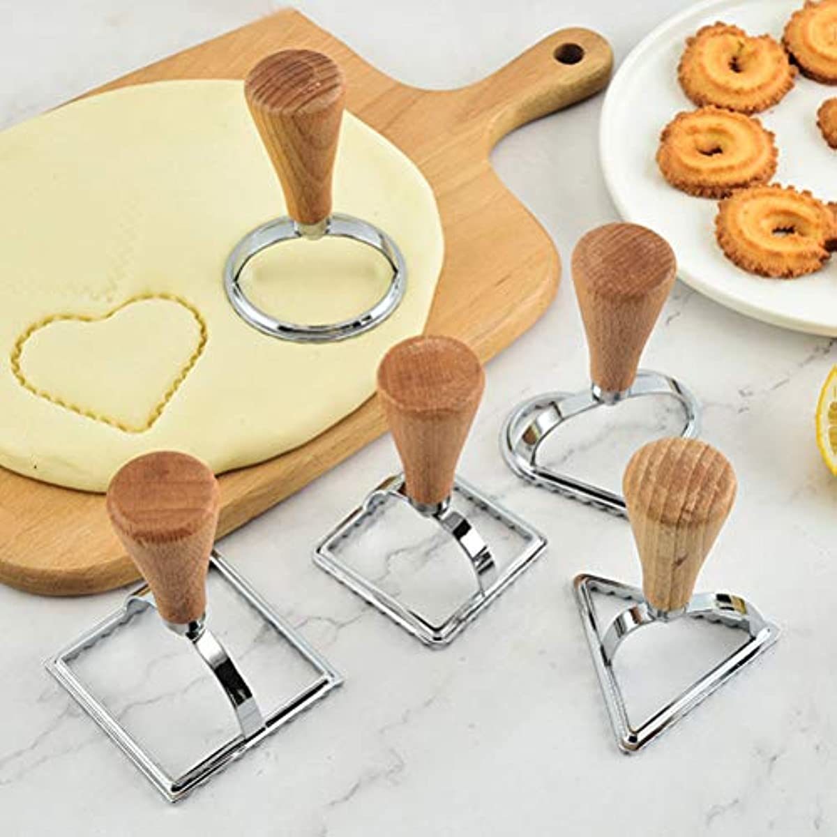 5pcs; Geometric Cookie Cutters; Stainless Steel Candy Mold With Wooden Handle; Biscuit Molds; Square Round Heart Shaped Chocolate Cutters; Cake Decorating Molds