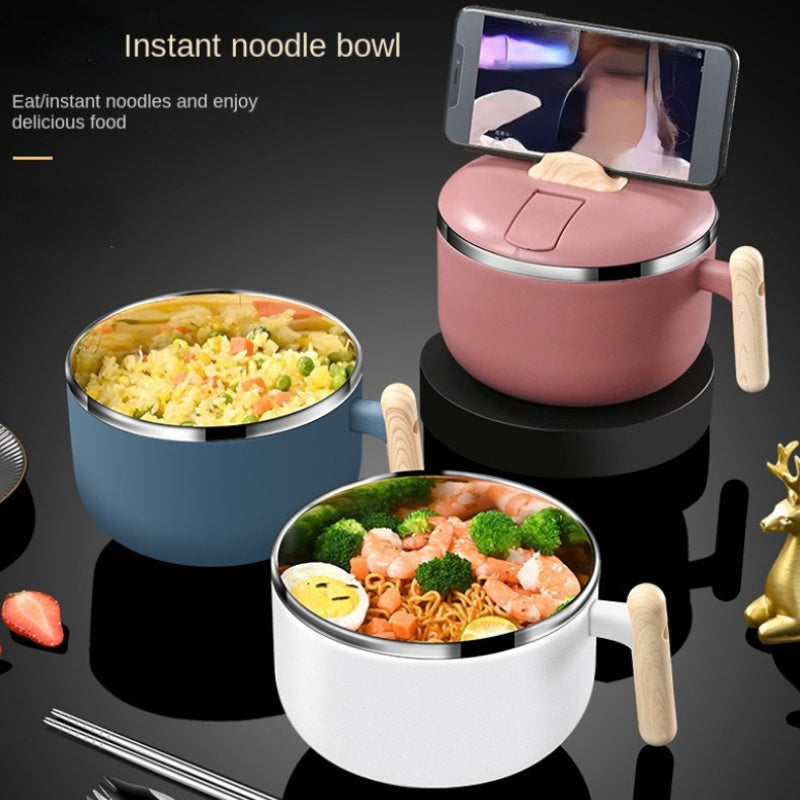 1pc 304 Stainless Steel Instant Noodle Bowl; Large Capacity Instant Noodle Bowl With Lid; Dual-purpose Anti-scalding Portable Tableware