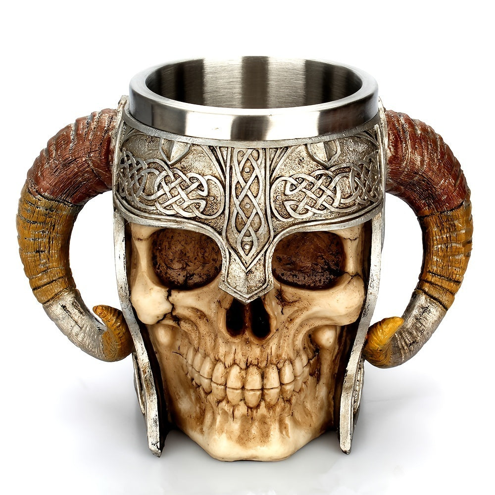 1pc Horn Cup; Skull Cup; Beer Glass; 3D Viking Skull Beer Mug; Coffee Cup; Stainless Steel Viking Drinking Mug With Double Ram Horn