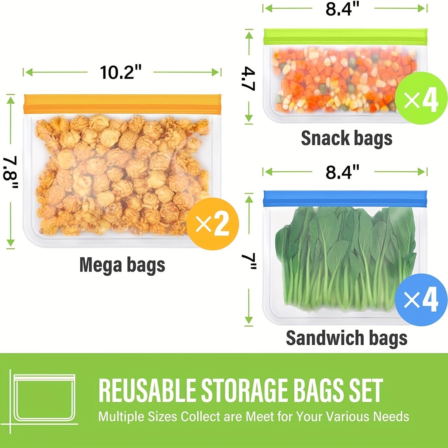 10pcs Reusable Food Storage Bags; BPA Free Flat Reusable Freezer Bags; Snack/Sandwich Bags Food Grade; Leakproof Storage Bags For Lunch; Marinate; Keep Fresh; Food Storage