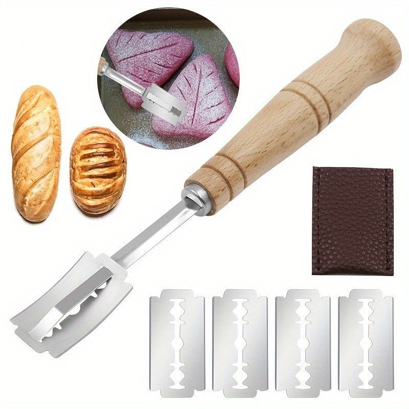 1pc European Baguette Cutter Wooden Handle Curved Scoring Knife Stainless Steel Bread Trimming Knife Dough Flat Dividing Knife Kitchen Tools