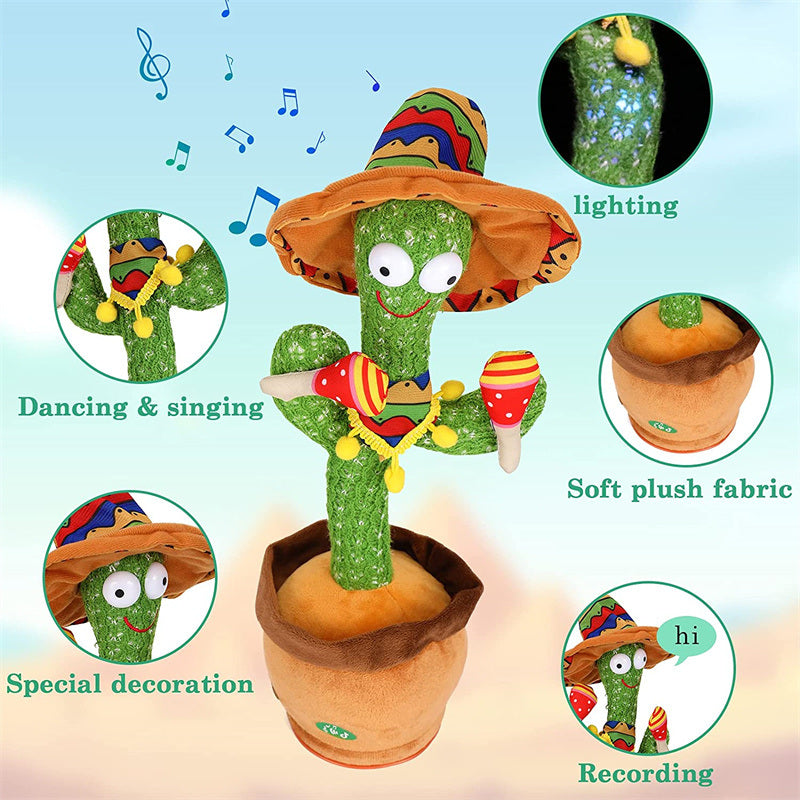 Dancing Talking Cactus Toy Mexican Style Dancing with Lighting Singing Cactus Recording and Repeat Your Words Plush Toy for Kids