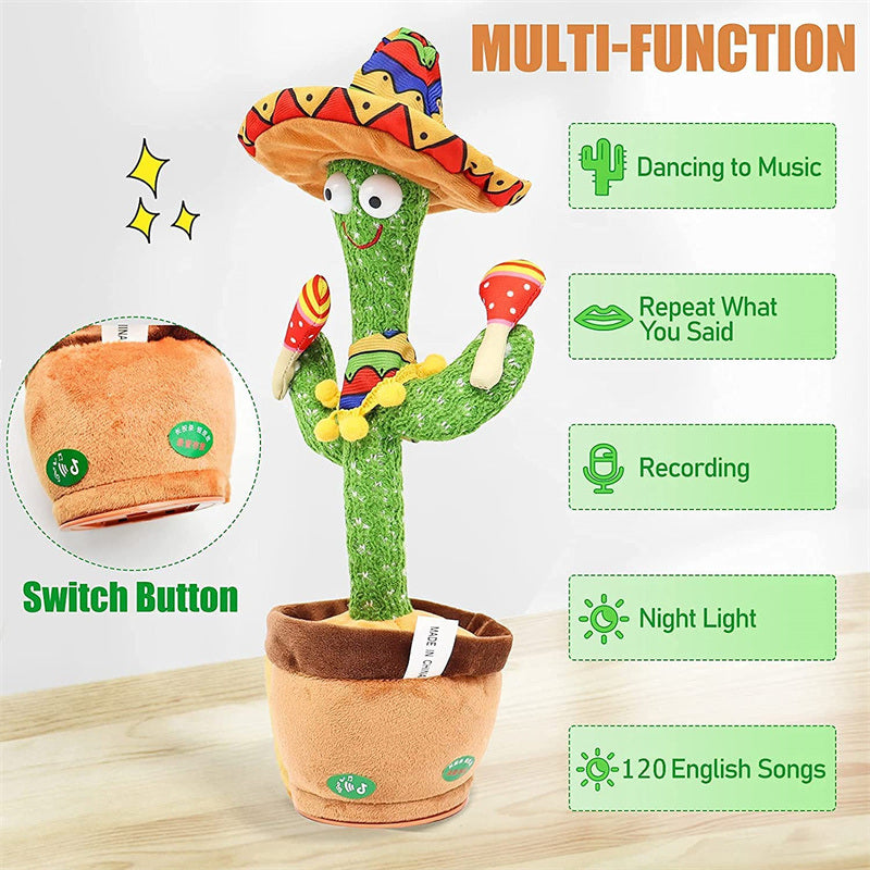 Dancing Talking Cactus Toy Mexican Style Dancing with Lighting Singing Cactus Recording and Repeat Your Words Plush Toy for Kids