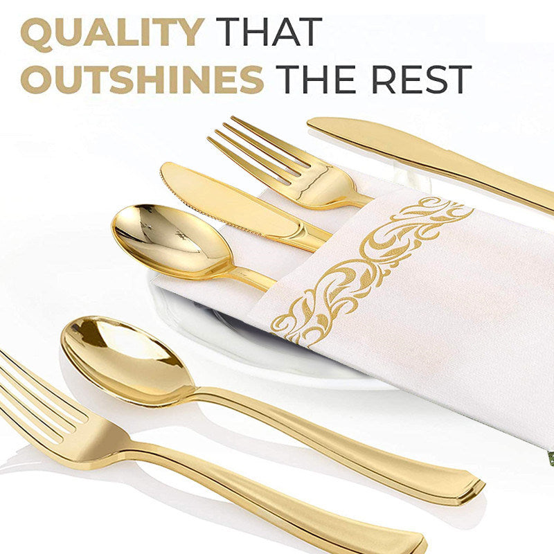 50pcs Gold/Silver Disposable Forks Plastic Tableware Dessert Knives Forks Spoon Cutlery Set Wedding Birthday Party Decor Supply