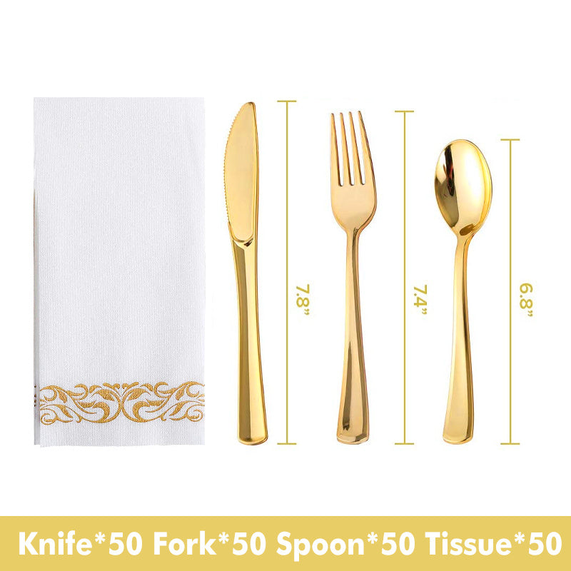 50pcs Gold/Silver Disposable Forks Plastic Tableware Dessert Knives Forks Spoon Cutlery Set Wedding Birthday Party Decor Supply