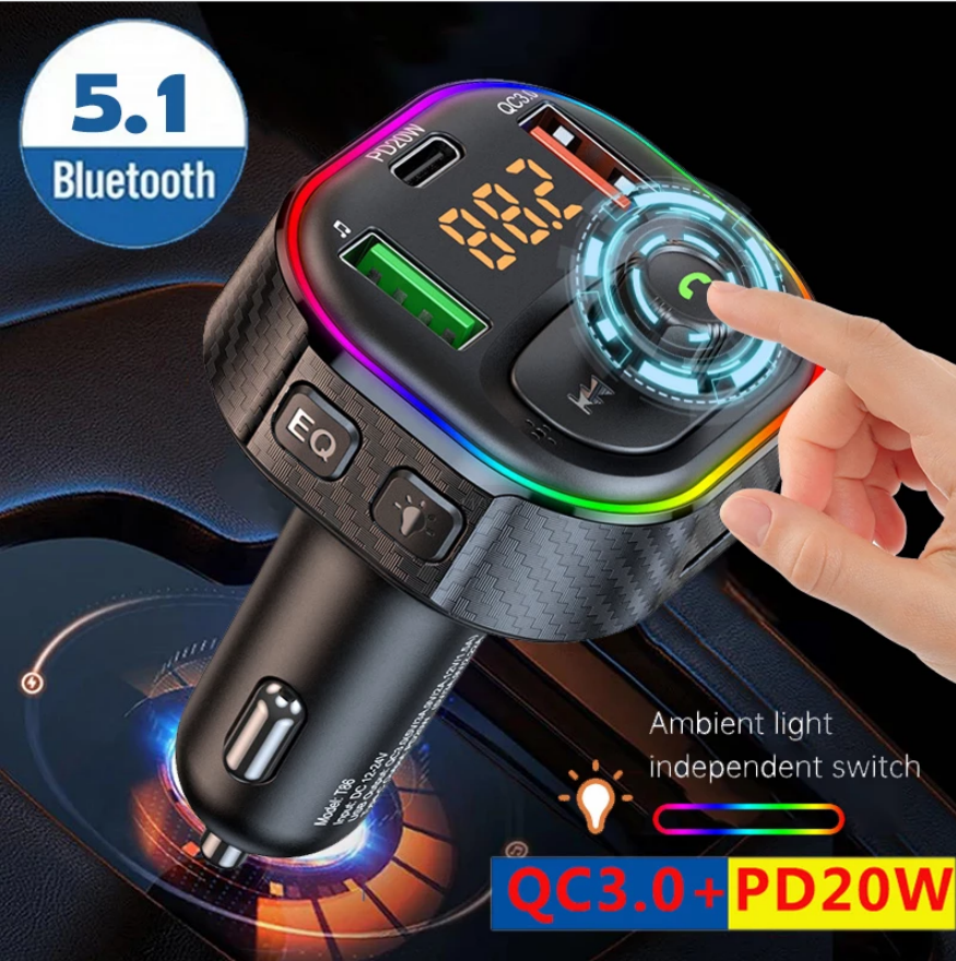 Korseed Car FM Transmitter Bluetooth 5.0 MP3 Audio Player QC3.0+PD Fast Charging Wireless Handsfree Car Kit with LED Backlit