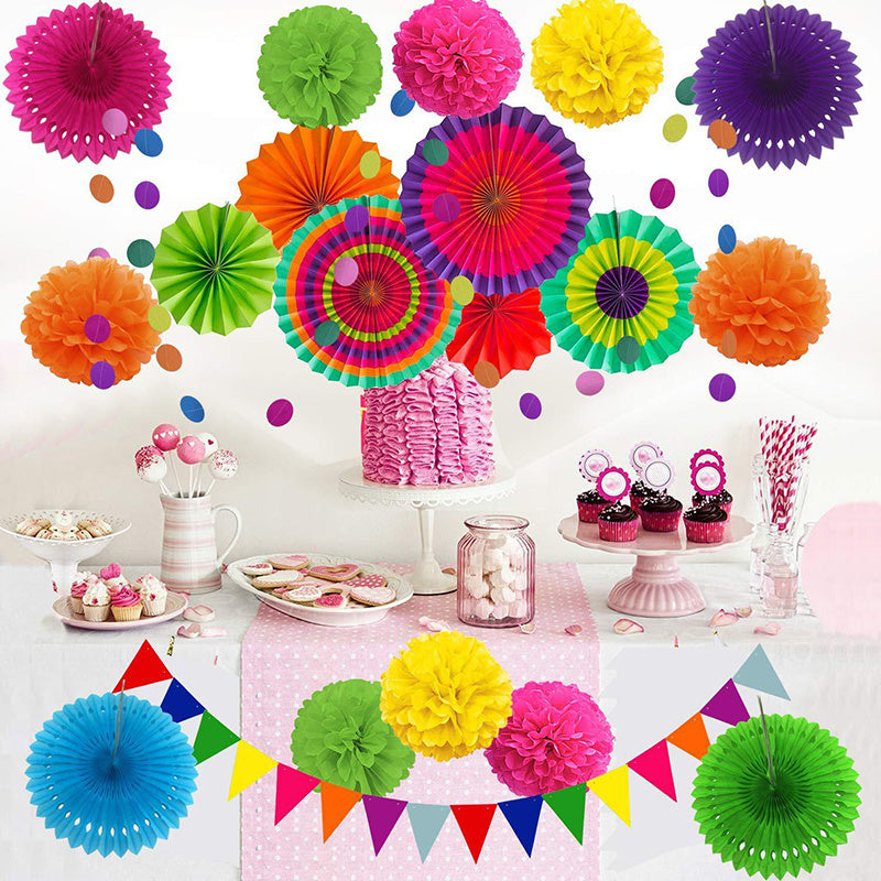 20Pcs Paper Fans Decor Hanging Paper Hanging Paper Fans Pompom Flower Garland Wedding Birthday Party Halloween Baby Shower Decor